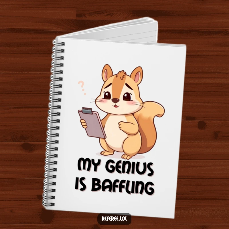 Funny squirrel with a clipboard looking confused, on the cover of a ruled notebook, perfect for a funny gift.