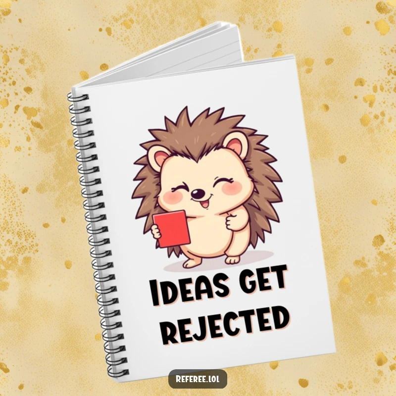 Funny notebook featuring a happy hedgehog winking and holding a red card, ideal for note-taking and a perfect funny gift.