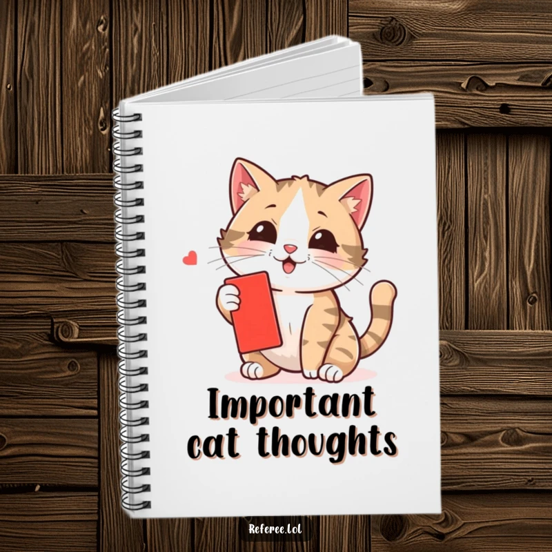 Funny cat notebook with a playful kitten batting at a tiny red card, perfect for jotting down notes or creative ideas.
