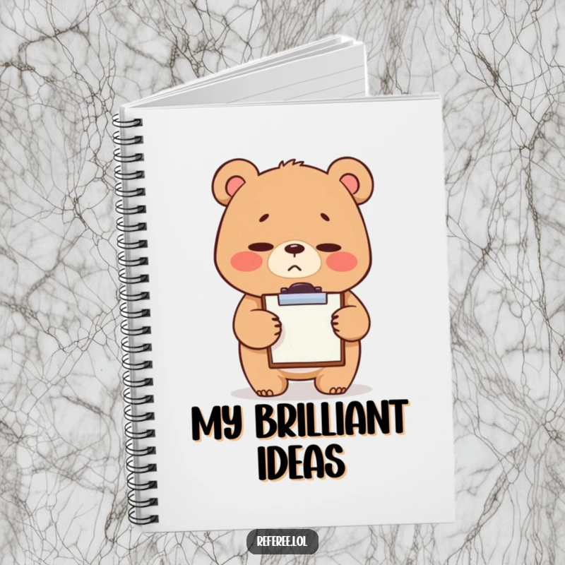 Funny notebook cover featuring a giggling bear with a stern yet cute expression, tapping a tiny clipboard, designed for organized and humorous note-taking.