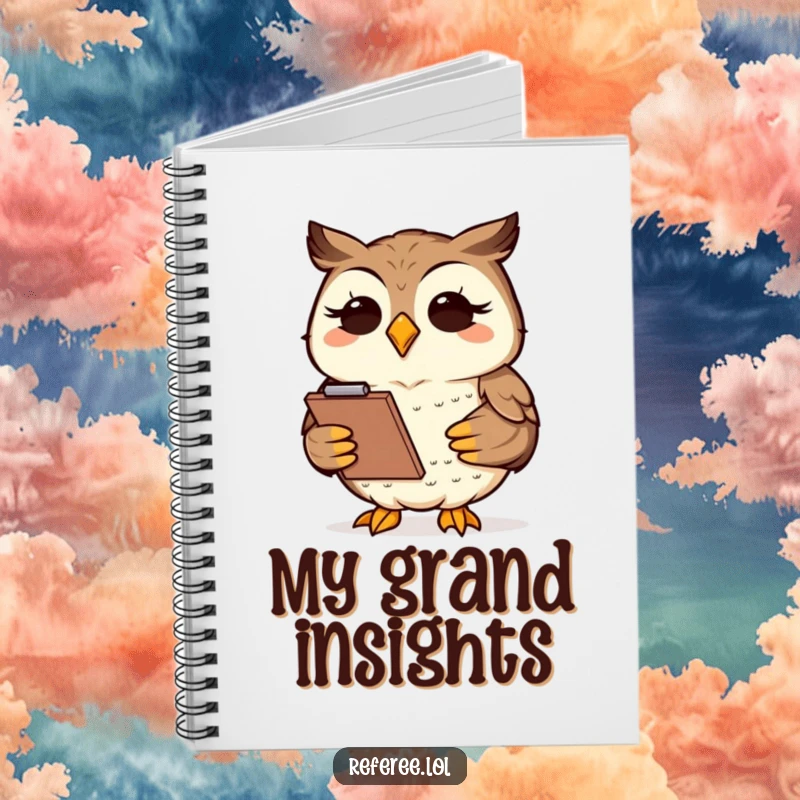 Funny wise owl holding a clipboard, ready to capture brilliant insights, on a funny notebook.