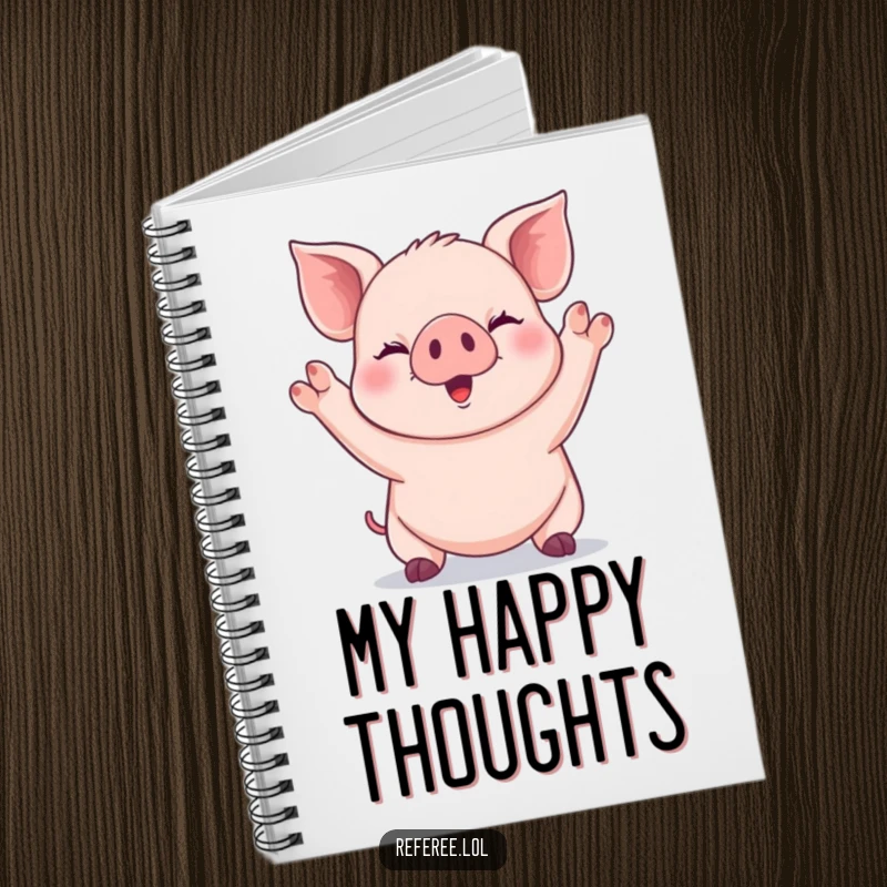 Funny giggling piglet signaling with both paws raised high on a notebook, for jotting down cheerful ideas.