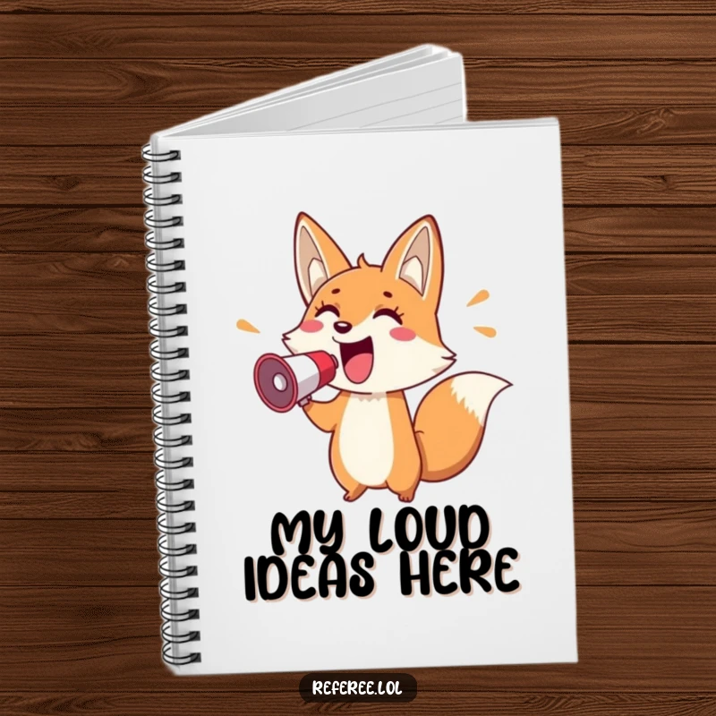 Funny notebook featuring a cheerful fox holding a megaphone and pointing enthusiastically, ideal for jotting down energetic ideas.