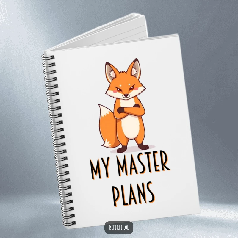 Funny proud fox with arms crossed and a stern expression, on the cover of a notebook for humorous and organized note-taking.