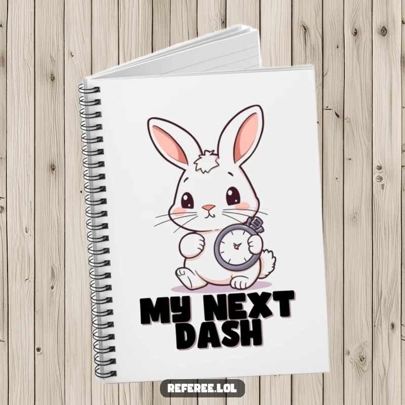 Funny bunny focused on a stopwatch, ready to record important details, on a funny notebook.