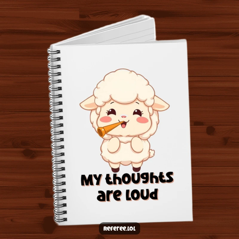 Funny notebook cover featuring a fluffy sheep with a joyful expression, blowing a loud whistle, ready for note-taking.