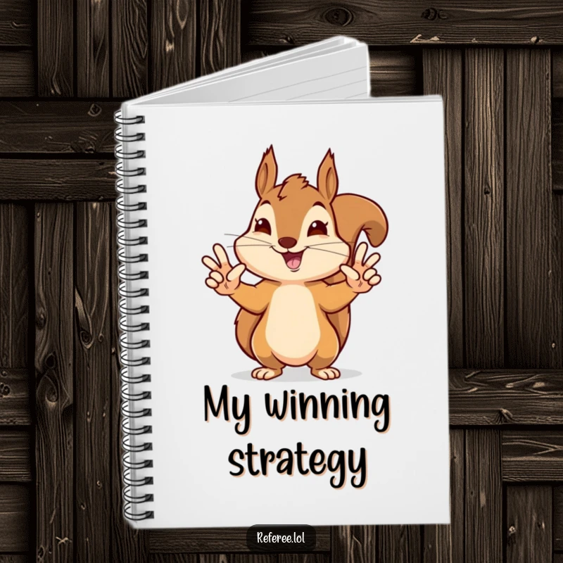 Funny notebook cover with a delighted squirrel giving precise touchdown signals, designed for planning and humorous note-taking.