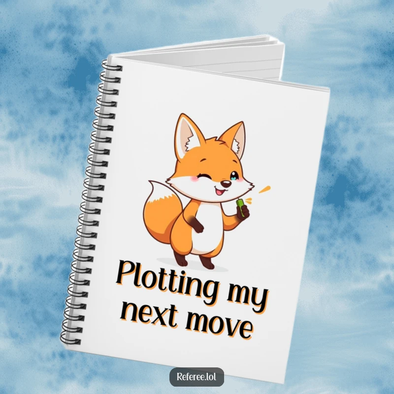 Funny notebook with a happy fox character tapping its foot, holding a whistle. Great for note-taking.