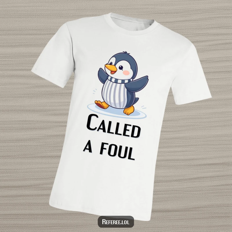 Funny cheerful penguin sliding on ice, making a referee signal, on a comfy t-shirt, perfect for humorous sports fans.