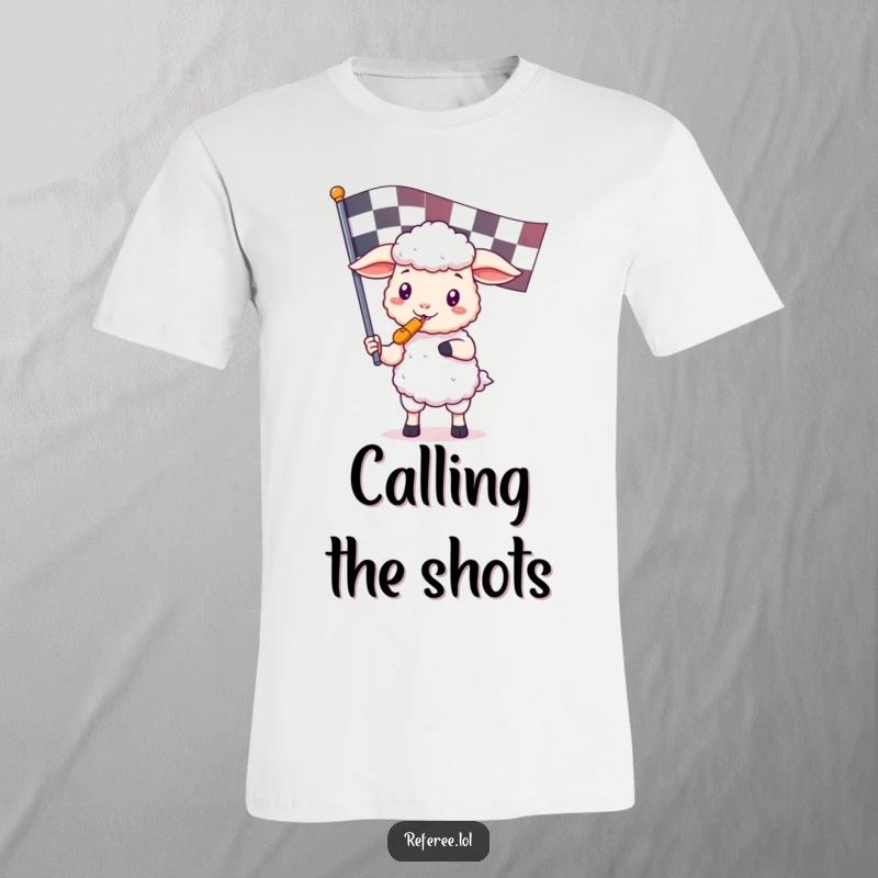 Funny t-shirt with a kawaii sheep character holding a referee whistle and a large checkered flag, embodying cute authority and game-day fun.