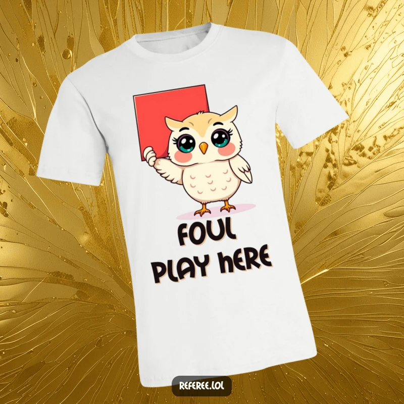 Funny surprised owl holding up a giant red card on a t-shirt, expressing stern disapproval humorously.