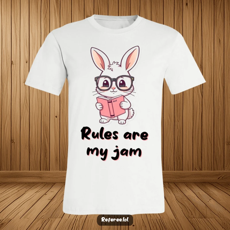 Funny t-shirt depicting a shy bunny adjusting oversized glasses, clutching a rule book, ideal for showcasing studious and gentle humor.