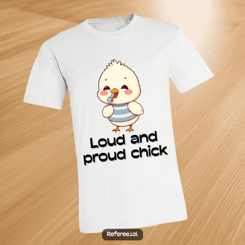 Funny t-shirt depicting a fluffy chick in a striped shirt, gleefully blowing a whistle, perfect for spreading cheerful vibes.