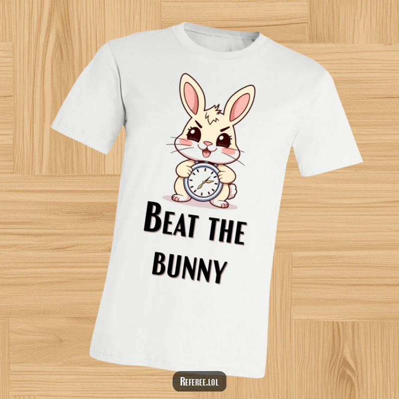 Funny t-shirt with a cheerful rabbit looking energetic, holding a stopwatch. Great for fast movers and humor enthusiasts.