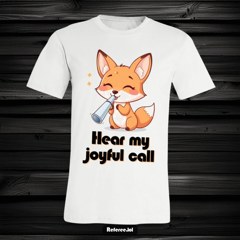 Funny cheerful fox blowing a silver whistle with gusto, printed on a humorous t-shirt.