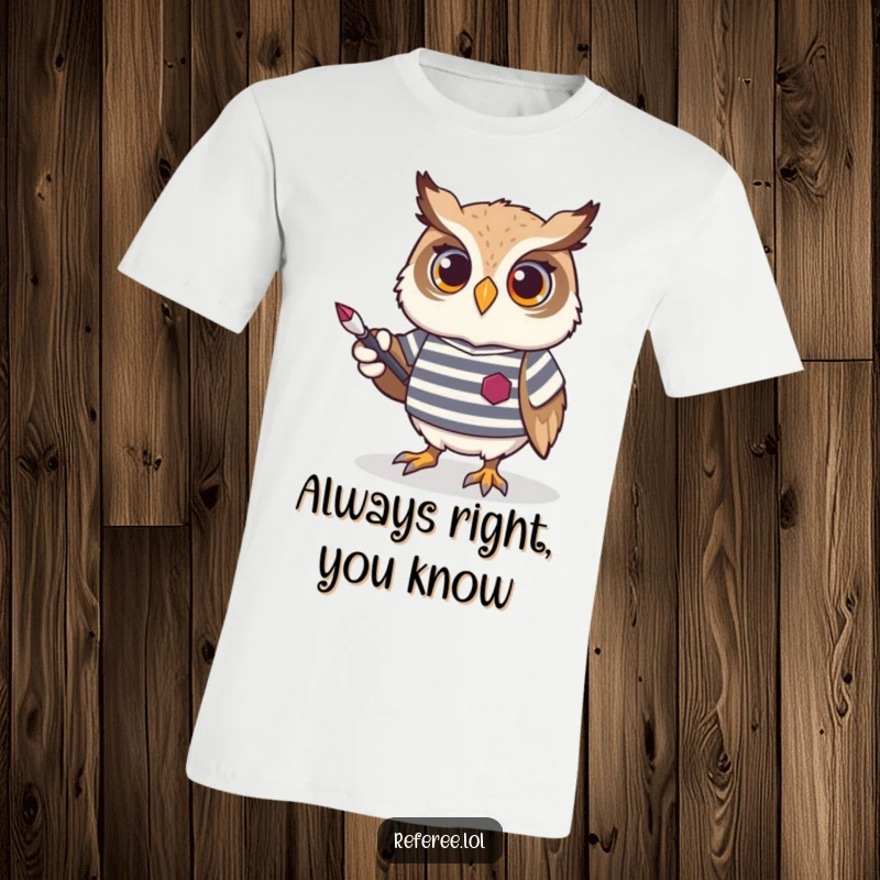 Funny Owl Teacher T-Shirt showcasing a proud owl wearing a striped jersey, confidently holding a pointer, exuding academic charm.