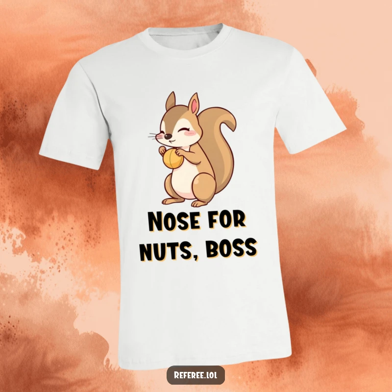 Funny squirrel t-shirt depicting a playful squirrel expertly balancing a small ball on its nose. Cute and humorous animal action.