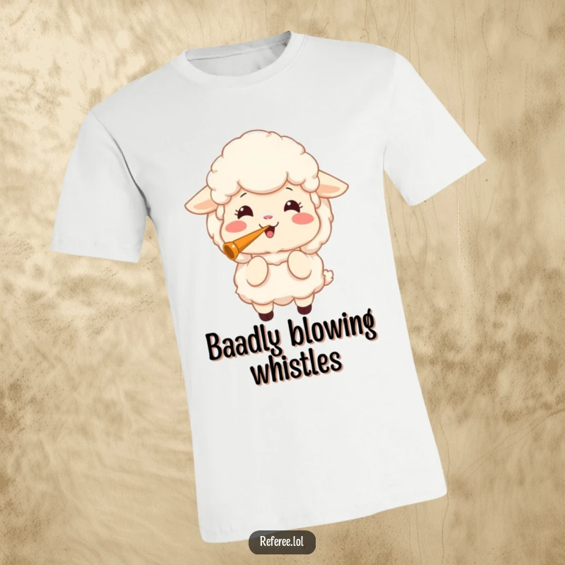 Funny t-shirt depicting a fluffy sheep with a wide, joyful grin, blowing a loud whistle with great energy.