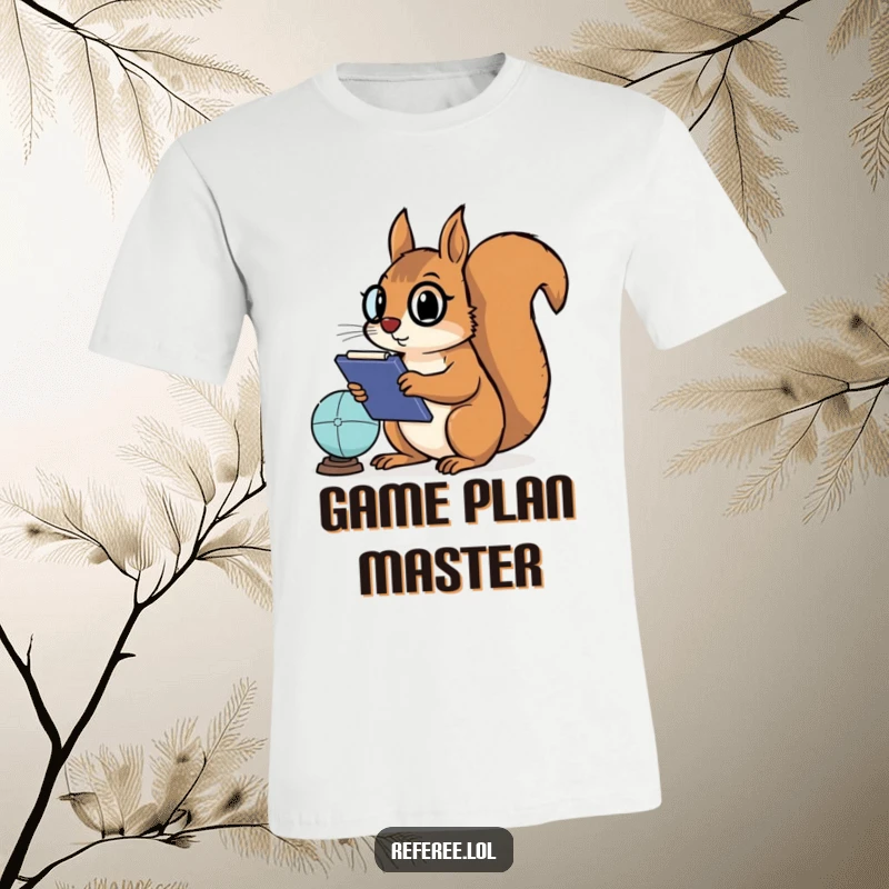 Funny t-shirt: a determined squirrel wearing a headset and holding a clipboard, intensely watching a game with a serious, competitive look.