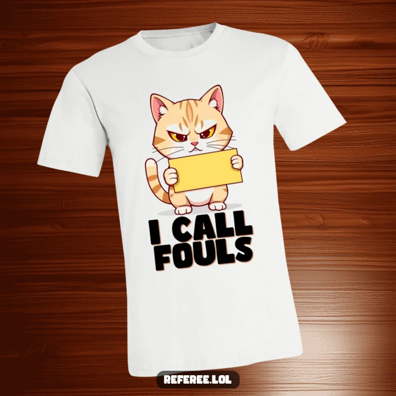 Funny T-Shirt: A determined cat squints and holds a yellow card firmly, signaling a humorous warning or penalty with feline precision.