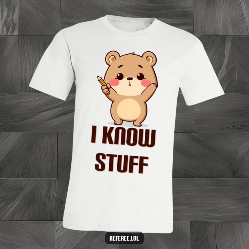 Funny determined bear energetically pointing with a tiny pencil on a t-shirt, illustrating clear direction.