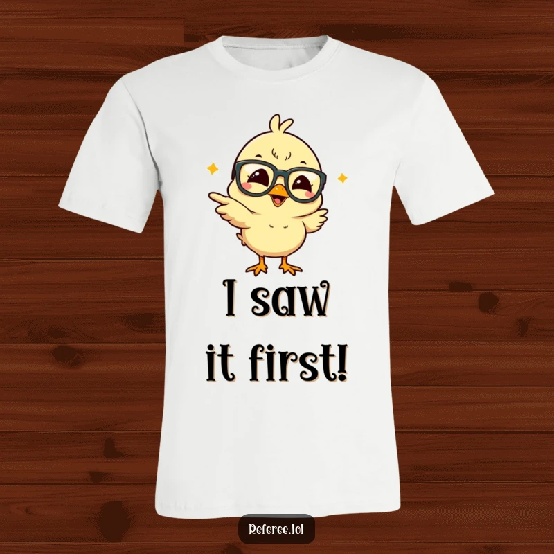Funny, giggling chick in oversized glasses, pointing erratically on a comfortable t-shirt, perfect for a humorous and lighthearted look.
