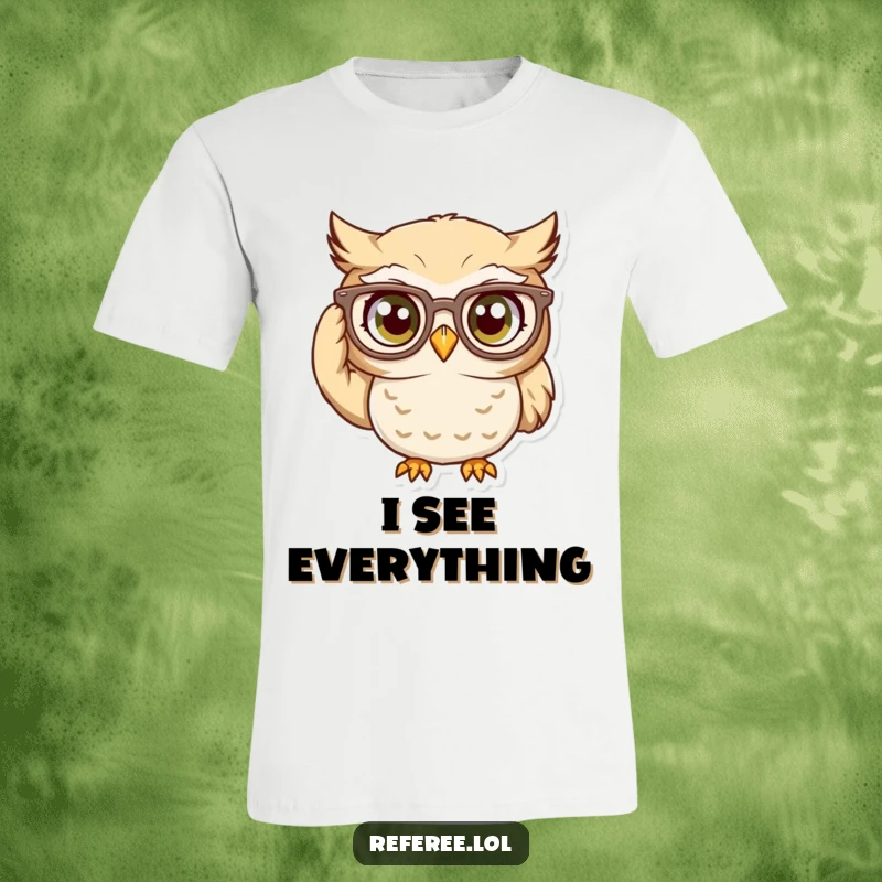 Funny T-Shirt: Curious owl character adjusting oversized glasses, conveying intense concentration and intellectual humor.