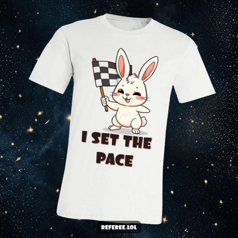 Funny bunny t-shirt with a determined rabbit holding a checkered flag high, embodying the excitement of the race.