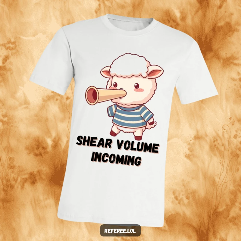 Funny fluffy sheep wearing a striped shirt, blowing a giant whistle on a t-shirt, showing off its voice.