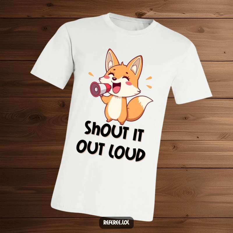 Funny t-shirt depicting a cheerful fox holding a megaphone and pointing enthusiastically, ideal for energetic and communicative personalities.