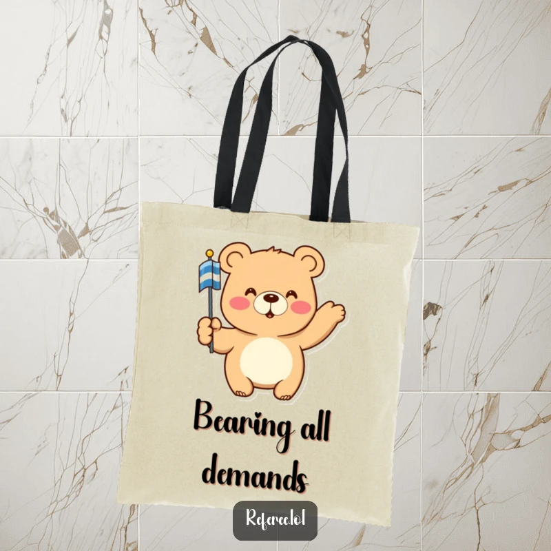 Funny Tote Bag: A happy bear holds a striped flag and points commandingly, ideal for carrying humor and essentials with style.