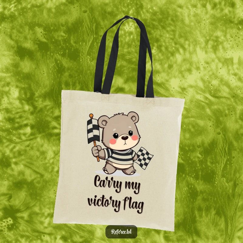 Funny tote bag featuring a determined bear in a striped shirt holding a checkered flag, ideal for carrying items with a winning spirit.