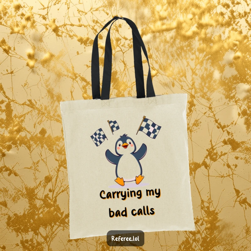 Funny Penguin Tote Bag: A delightful penguin comically juggles penalty flags, making this a humorous and practical accessory for everyday use.