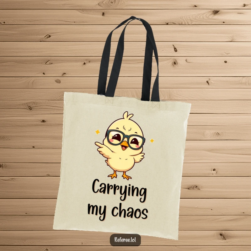 Funny giggling chick in big glasses, pointing erratically, printed on a durable tote bag, showcasing a humorous and practical accessory.