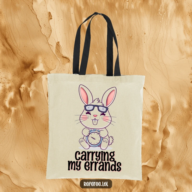 Funny tote bag with a cheerful rabbit holding a stopwatch, looking determined and energetic, perfect for carrying items humorously.