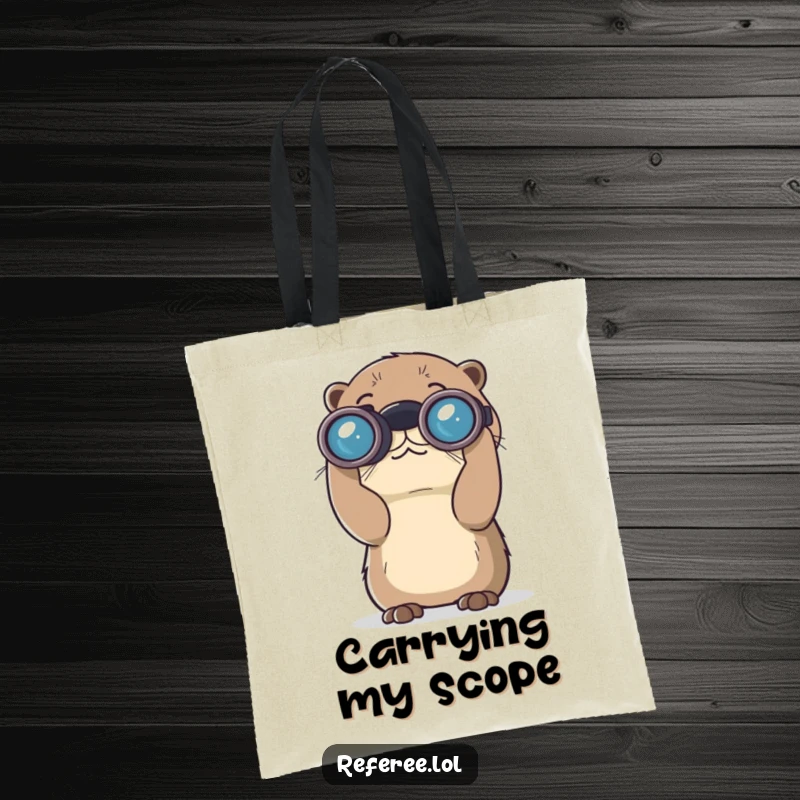 Funny tote bag illustrating a curious otter using large binoculars to look afar. Great for supplies and a practical funny gift.