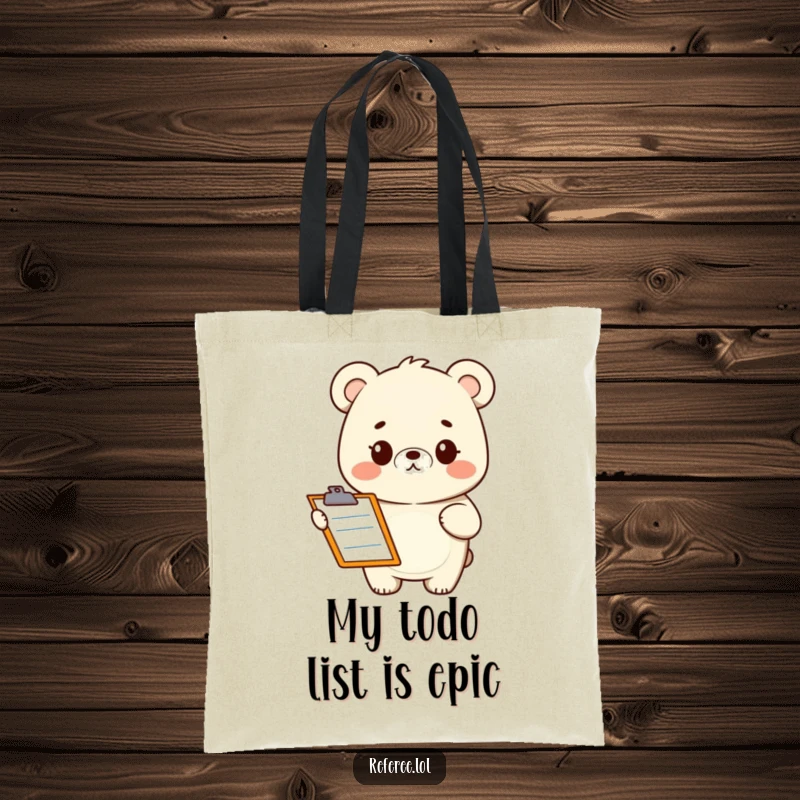 Funny tote bag featuring a quizzical bear character holding a clipboard. Practical and humorous, perfect for shopping.