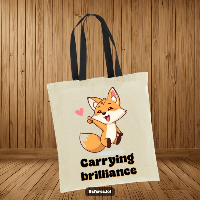 Funny tote bag depicting a bouncing fox pointing towards a goal, a humorous and functional accessory, perfect as a funny gift.