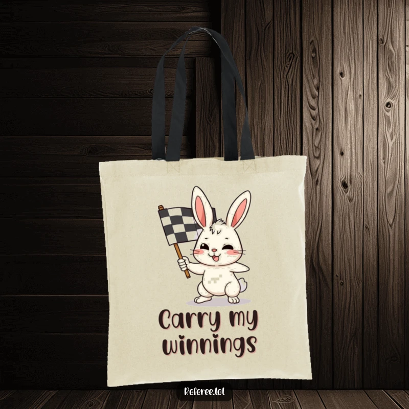 Funny bunny tote bag featuring a determined rabbit waving a checkered flag, ideal for carrying race day necessities.