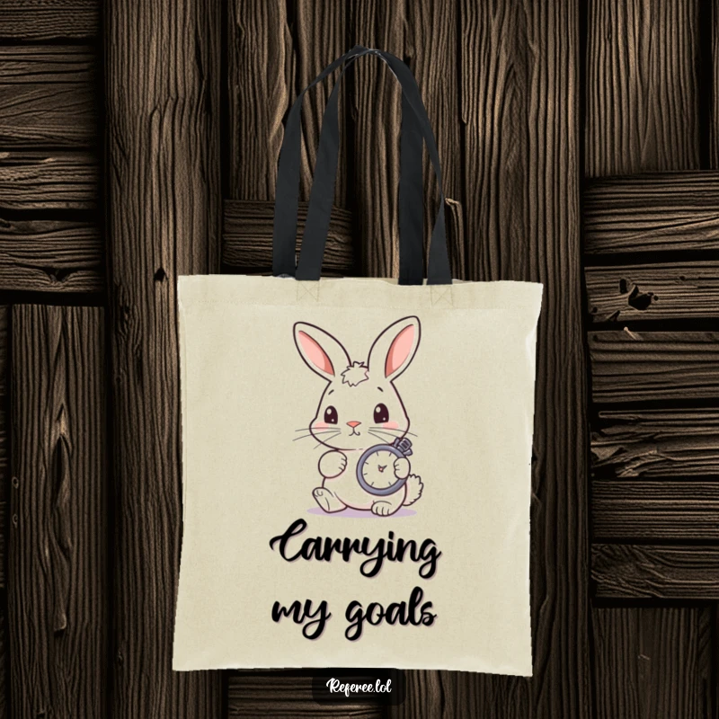 Funny bunny focused on checking a stopwatch, ready for action, on a durable and funny tote bag.