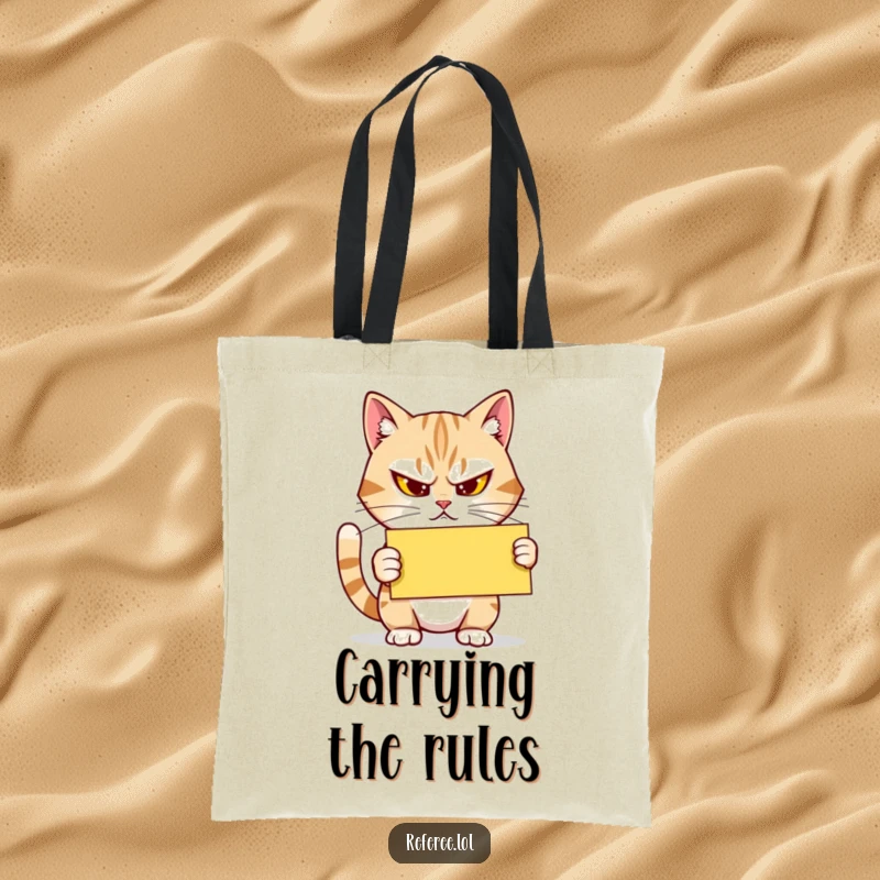 Funny Tote Bag: A determined cat holds a yellow card, offering a humorous and authoritative way to carry essentials for any occasion.