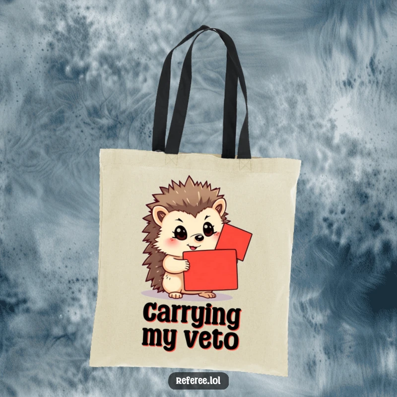 Funny tote bag illustrating a determined hedgehog holding a bright red card. Great for daily use and a practical funny gift.