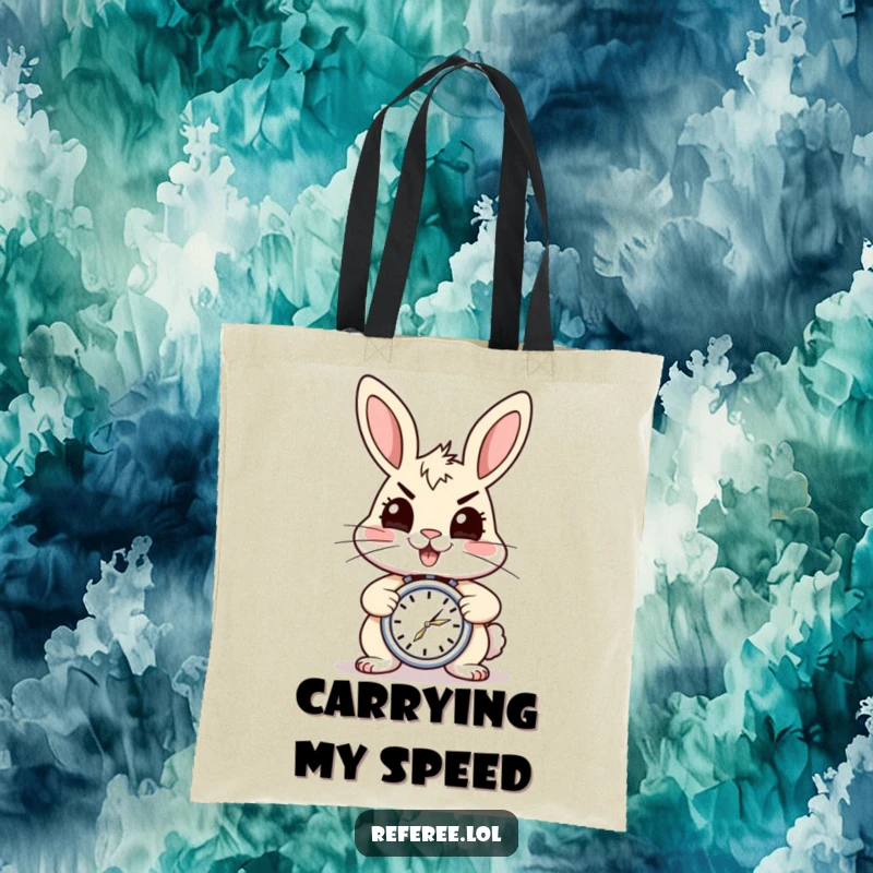 Funny tote bag illustrating a cheerful, energetic rabbit holding a stopwatch. Great for daily use and a practical funny gift.