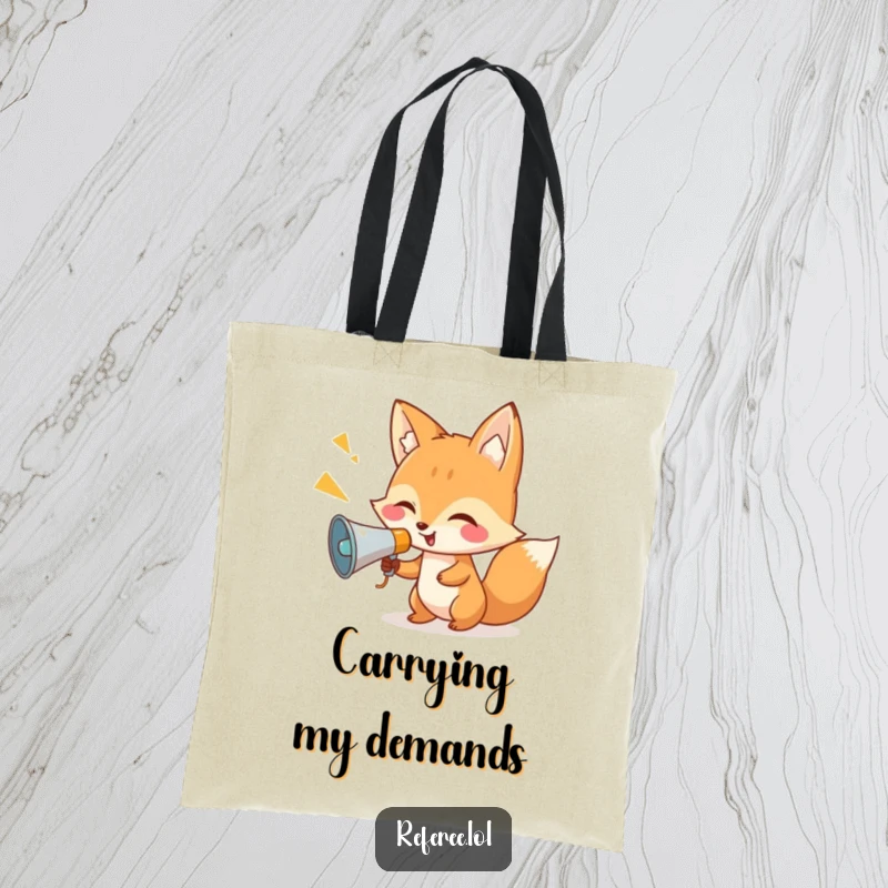 Funny giggling fox with a tiny megaphone on a durable tote bag, ideal for carrying items with humor.