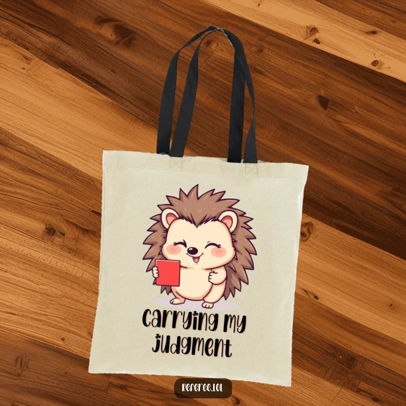 Funny tote bag with a happy hedgehog winking and giving a red card, a humorous and practical funny gift for everyday use.