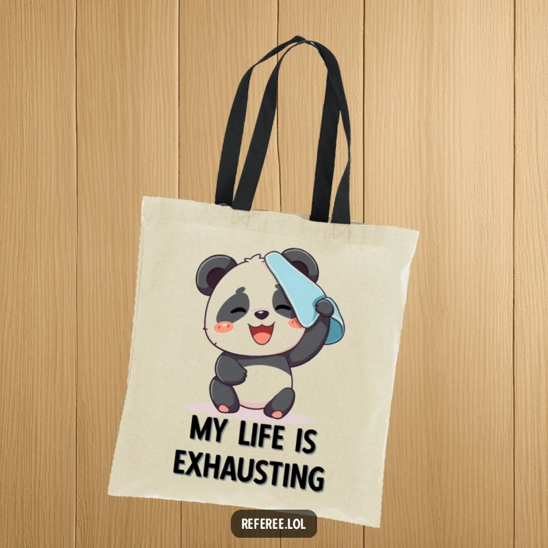Funny tote bag with a giggling panda character wiping sweat from its brow. Practical and humorous.