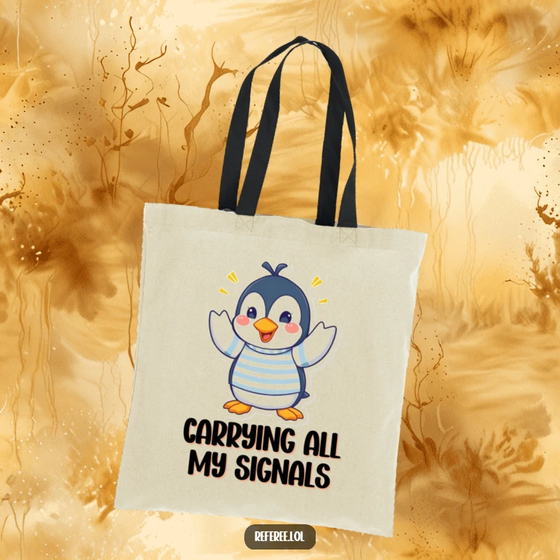 Funny tote bag with a penguin in a striped shirt using frantic hand signals, perfect for carrying your belongings with a humorous, communicative twist.