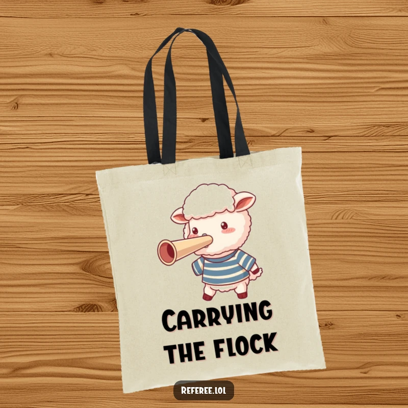 Funny sheep wearing a striped shirt, blowing a giant whistle on a tote bag, announcing its arrival.