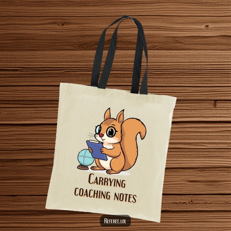 Funny tote bag showcasing a determined squirrel with a clipboard ready to strategize for a sports game, adding a touch of wit to your errands.