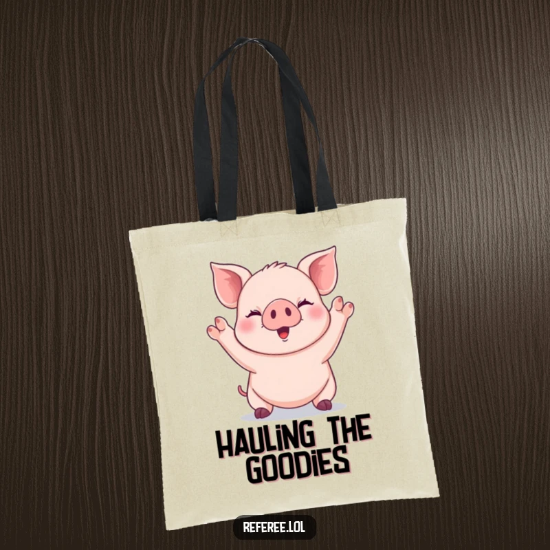 Funny giggling piglet signaling with both paws raised high on a tote bag, carrying happiness humorously.